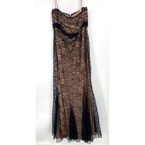 NEW Badgley Mischka Lace Silk Black Overlay Strapless Maxi Dress 14 - Picture 1 of 6